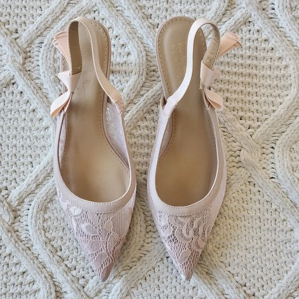 Nicole Miller Blush Pink Lace Pointed Slingback Kitten Heels Size 8 - Picture 2 of 7